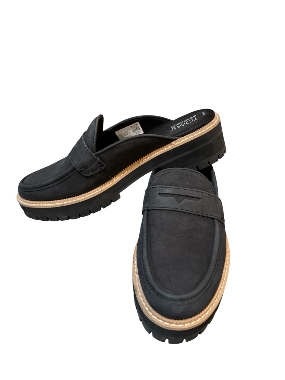 TOMS Cara Black Leather Penny Loafer Mule Clogs Lug Sole Women’s Size 9
